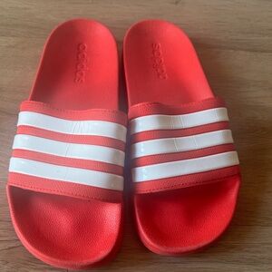 Adidas Bright Red Slides with White Stripes